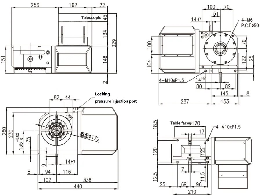 YP170 Series CNC Rotary Table Dimension