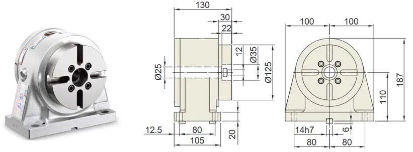 RTA-125 (Pneumatic brake 13 kgf.m) rotary tailstock dimension